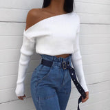 Women's Spring New Sexy Fashion Long-Sleeved Knitted Shirt Slanted Shoulder Sweater Top Woman