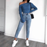 Women's Spring New Sexy Fashion Long-Sleeved Knitted Shirt Slanted Shoulder Sweater Top Woman