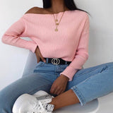 Women's Spring New Sexy Fashion Long-Sleeved Knitted Shirt Slanted Shoulder Sweater Top Woman