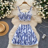 Spice Girls Hollow Embroidery Suit Female Sling With Short Waist Vest + High-Waist A-Word Skirt Sexy Two