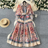 Vintage Court Print Flip Lantern Sleeves To Close Waist Single Buckle Dress Women Thin Elegant Long Dress