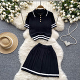Summer New Knitted Shirt Two Sets Of Women Retro Short-Sleeved Top + High-Waisted Folded Skirt