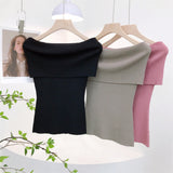 French Retro Sexy Shoulder Repair Slimming Paper Pieces Knitted Vest T-Shirt Blouse Short Short Sleeve