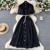 2025 Summer Women's Dress Small High-End Embroidery Single Buckle Waist Elegant Knee Long Skirt