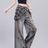 Overlapping Skirt Jeans Women Autumn Retro Do Old Water Wash High Waist Tie With Horseshoes Super Fire Korean Micro-Rave Pants