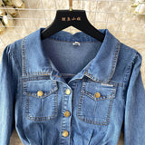 Vintage Water Wash Denim Dress Women's Autumn New High-End Thin Temperament Waist Single Buckle Long Skirt