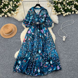 2025 Summer Dress New Niche Light Familiar Wind V To Receive Waist Thin Temperament French Pressure Folding Printing Chiffon Dress