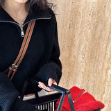 Design Sense Half-High Collar Zipper Red Knitted Shirt Women's Short Autumn And Winter New High-Waist Sweater Loose Thick Coat