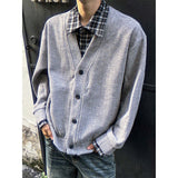 Autumn And Winter Wearing Black Ash Splicing Colliding College Style Cardigan Sweater Over The Couple Niche Oversize Knitwear Shirt