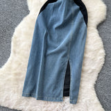 Light-Cooked Fashion Niche Fashion Heavyweight Diamond Lace Splicing Polo Collar Short Sleeves Denim Waist Dress Women's Summer Dress