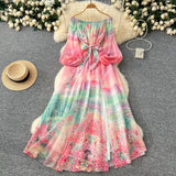 Early Spring Holiday Style Dress Woman 2025 New Shoulder Strapped Belt Waist Lantern Sleeve Print Chiffon Long Skirt