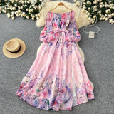 Early Spring Holiday Style Dress Woman 2025 New Shoulder Strapped Belt Waist Lantern Sleeve Print Chiffon Long Skirt
