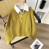 Sweater Autumn And Winter Splicing Women's Shirt Wear Design Niche Collar Loose Jaflage Shirt Fake Two