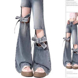 Fat Mm Large Street Hottie Bow Trumpet Micro-Tight Jeans Girl Retro Hollow Horn Long Pants