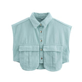 10 Color Women's Clothing 2025 Spring Solid Color Big Pocket Sleeveless Polo Collared Denim Shirt Blouse