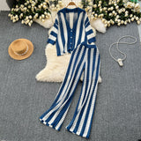 Women's Summer V-Neck Loose Knitted Cardigan Top + Broad Leg Trousers Set With Striped Hollow Set