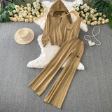 Fashion Three-Piece Women's Winter Casual Zipper Knitted Coat + Embroidered Vest + High-Waisted Wide Leggings