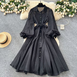French Dress Woman Autumn 2025 Court Style Niche Collar Single Buckle Strap To Belt Lantern Sleeve Long Skirt