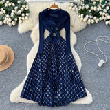Korean Version Of Fashion Casual Denim Dress Women Retro Collar Short Sleeve Single Buckle Waist Swing Shirt Long Skirt