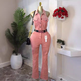 Summer Denim Panties Femininity Hanging Neck Sleeveless Backs High Waist Slimmed Denim Jumpsuit