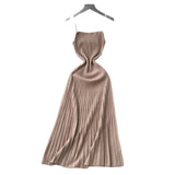 Summer Dress Women 2025 New Gentle Wind Temperament Slings Waists Thin Vertical Knitted Dress Inside The Long Skirt