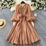 French Dress Woman Autumn 2025 Court Style Niche Collar Single Buckle Strap To Belt Lantern Sleeve Long Skirt
