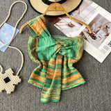 Summer Design With Chic Kinescastic Striped One-Shoulder Sling Vest For Women Wearing A Short Coat Of Body