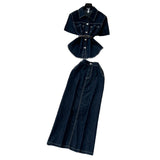 French Light-Cooked Wind Strap To Close Waist Short-Sleeved Cowboy Topess Female High-Waisted Fork Hip Skirt Summer Two-Sleeve