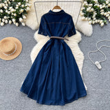 Korean Version Of Fashion Casual Denim Dress Women Retro Collar Short Sleeve Single Buckle Waist Swing Shirt Long Skirt