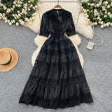 French Retro Court Dress Women's Waist Thin Temperament Bubble Sleeve Lace Splicing Big Swing Dress Dress