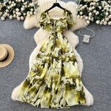 French Famous Breeze Mashed Flowers Bubble Sleeves With Dress Women Summer Waist Repair Royal Sister Temperament Beautiful Long Dress
