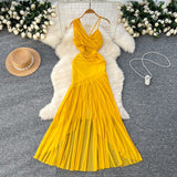 Yellow Dress Women's Holiday Dress 2025 New Heart Machine Shoulder Slings Irregular Bagged Dress