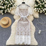 French Court Feng Sleeve Lace Dress Hollow Hook Butterfly Tie Sling Temperament Elegant Dress