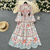Famous Vintage Printed Dresses Women's New Spring 2025 New Waist Temperament V-Neck Single-Rece Buckle Long Dress