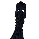 Women's Fashion Dress 2025 Autumn Design Feeling Cross-Folded Slim Top-Cuffed And High-Necked Dress