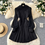 Black Suit Collar Dress Woman 2025 Autumn High-End Double Buckle Waist Long Sleeves Small Black Dress Skirt