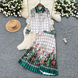 Fashion Suit Female Retro Color Print Bran Long-Sleeved Shirt + High-Waist A Word Half-Dress Skirt