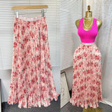 New Tight Waist High Waist Crums Sweet A-Shaped Skirt Women's Long Print 100-Fold Skirt