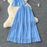 Holiday Style Suit Women's Summer French Waistless Sleeveless Hanging Neck Top High Waist Thin Half Skirt Two-Set