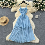 French Tea Break Retro Sling Dress Women's Holiday Wind To Show Thin Folds Design Long Skirt