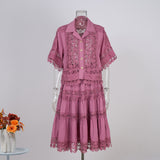 French Court Style Lace Lace Hollow Hook Short Blouse High-Waisted Lace Spliced Skirt Suit