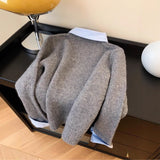 Autumn 2025 New Fake Two Shirt Collar Sweater Women With Lazy Wind Collared Gray Knitted Shirt Top