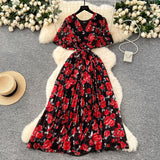 2025 Summer Dress New Female High-End Feel Strapped Belt V Collar Horn Sleeves Thin Temperament Print Chiffon Dress