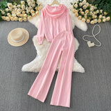 Gentle Wind Pink Tie With Thin Hooded Knitted Long-Sleeved Sweater High-Rise Broad Leggings Embroidery Set