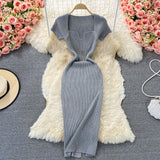Tight-Up Thin Collar Knitted Dress Short Sleeve 2025 Summer New Temperament Sexy Hot Ass Long Skirt
