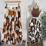 New Tight Waist High Waist Crums Sweet A-Shaped Skirt Women's Long Print 100-Fold Skirt