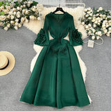 European Court Dress Female Design Tuxedo V Collar Long Three House Press Folding Horn Sleeve Dress Woman