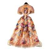 Wearing A Women's Court Style V Tie With A Belt Net Yarn Bubble Sleeve Print Large Swing Long Joint Dress