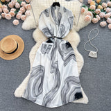 Light Luxury Retro V-Neck Print Dress Women's Summer French Tamped Loose Thin Long Shirt Skirt