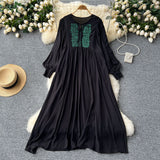Heavy Industry Embroidery Loose Holiday Dress Women Large Size Show Lean Meat Sweet Tie With Round Lantern Sleeve Dress